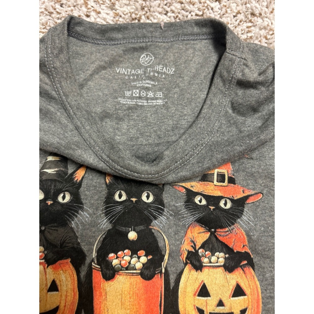 Vintage Threadz Kids Halloween Black Cats Pumpkins Graphic Tee Gray XL - Picture 3 of 3